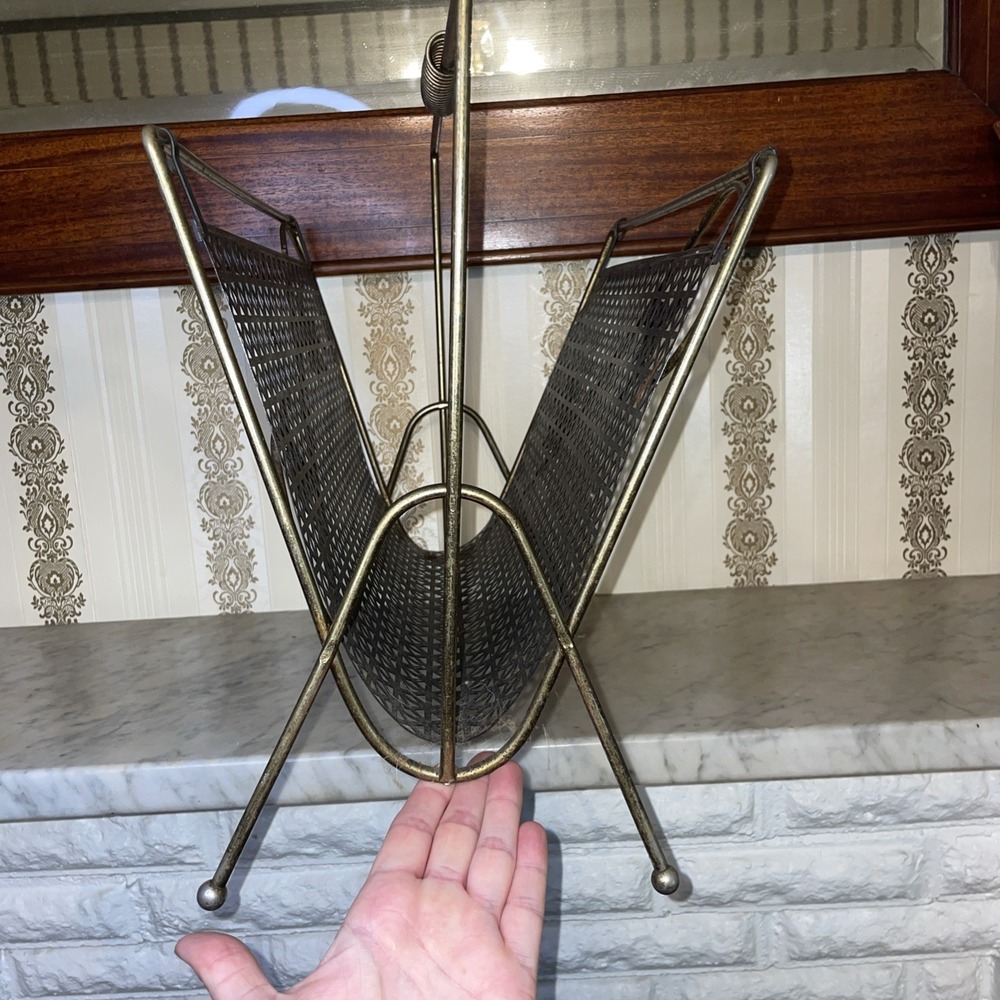 Vintage MCM Brass Black Metal Album Book Magazine Rack Holder Mesh Mid Century - Picture 5 of 7